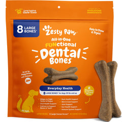 Huesos dentales Zesty Paws, frente del envase, para aliento fresco.