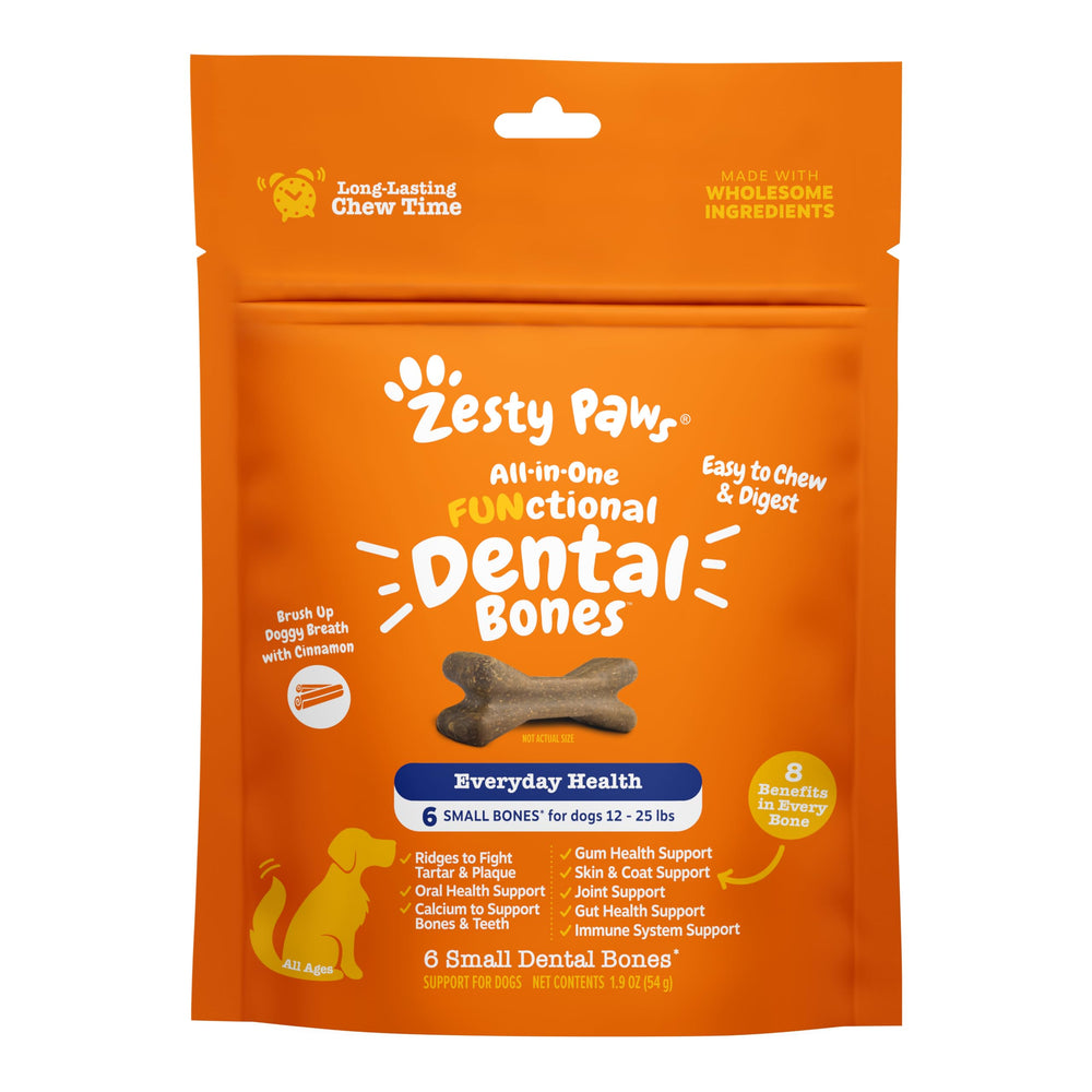 Zesty Paws Huesos dentales todo-en-uno para perros pequeños, apoyo a la higiene bucal diaria.