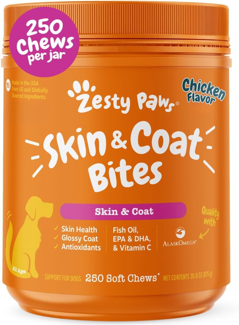 Zesty Paws Omega-3 para perros, bote de masticables, apoyo a la piel