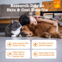 Zesty Paws Pollock-Salmon Oil, etiqueta de ingredientes destacando calidad y origen.