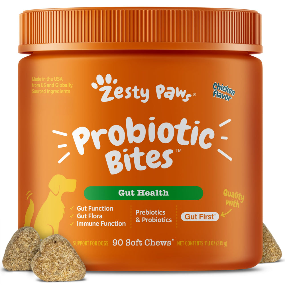 Zesty Paws Probioticos para perros, bocado suave para salud digestiva.