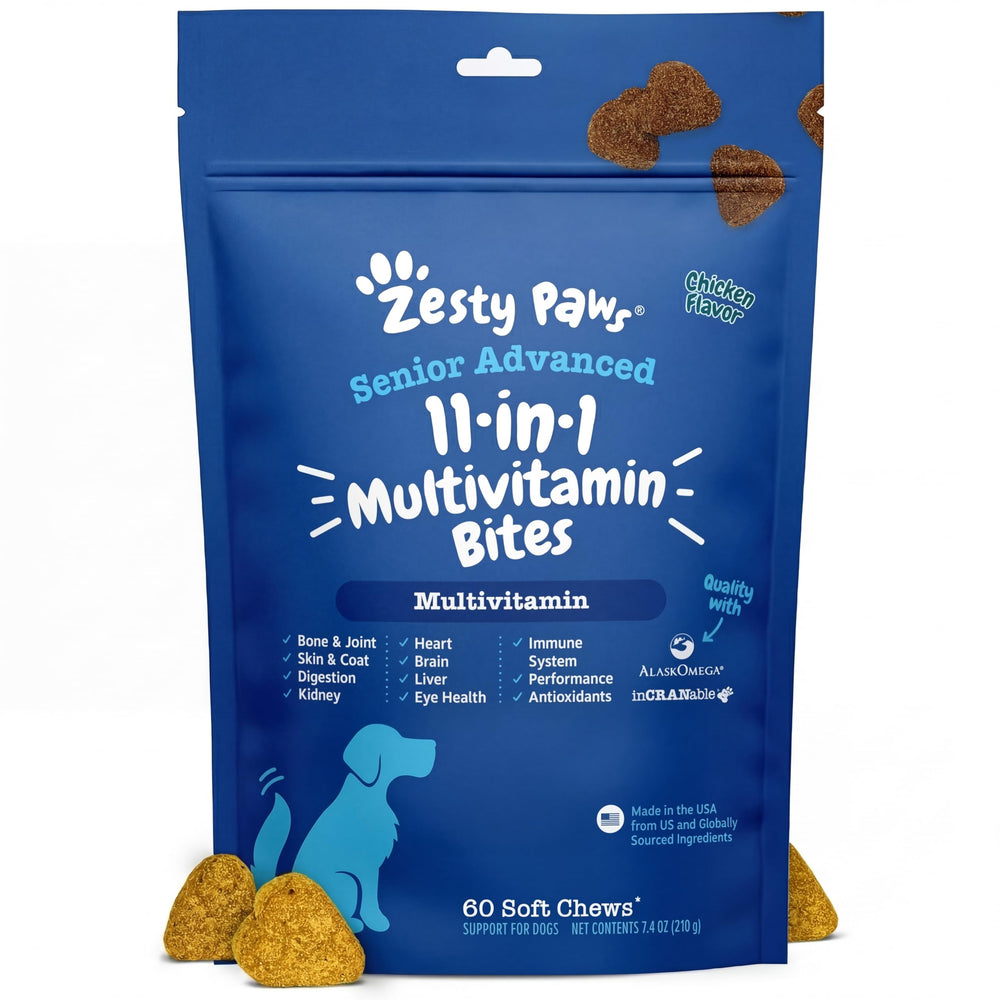 Zesty Paws Senior Dog Multivitamin: empaque visible, apoyo general para perros mayores.