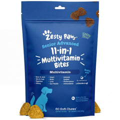 Zesty Paws Senior Dog Multivitamin: empaque visible, apoyo general para perros mayores.