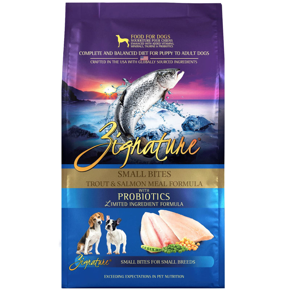 Zignature Trucha y Salmón, bocado pequeño ideal para perros pequeños, fácil de masticar.