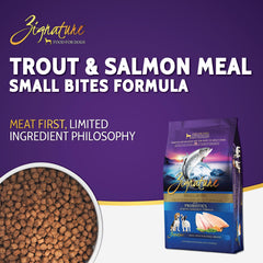 Croquetas pequeñas de Zignature Trucha y Salmón, primer plano, sabor marino para perros pequeños.
