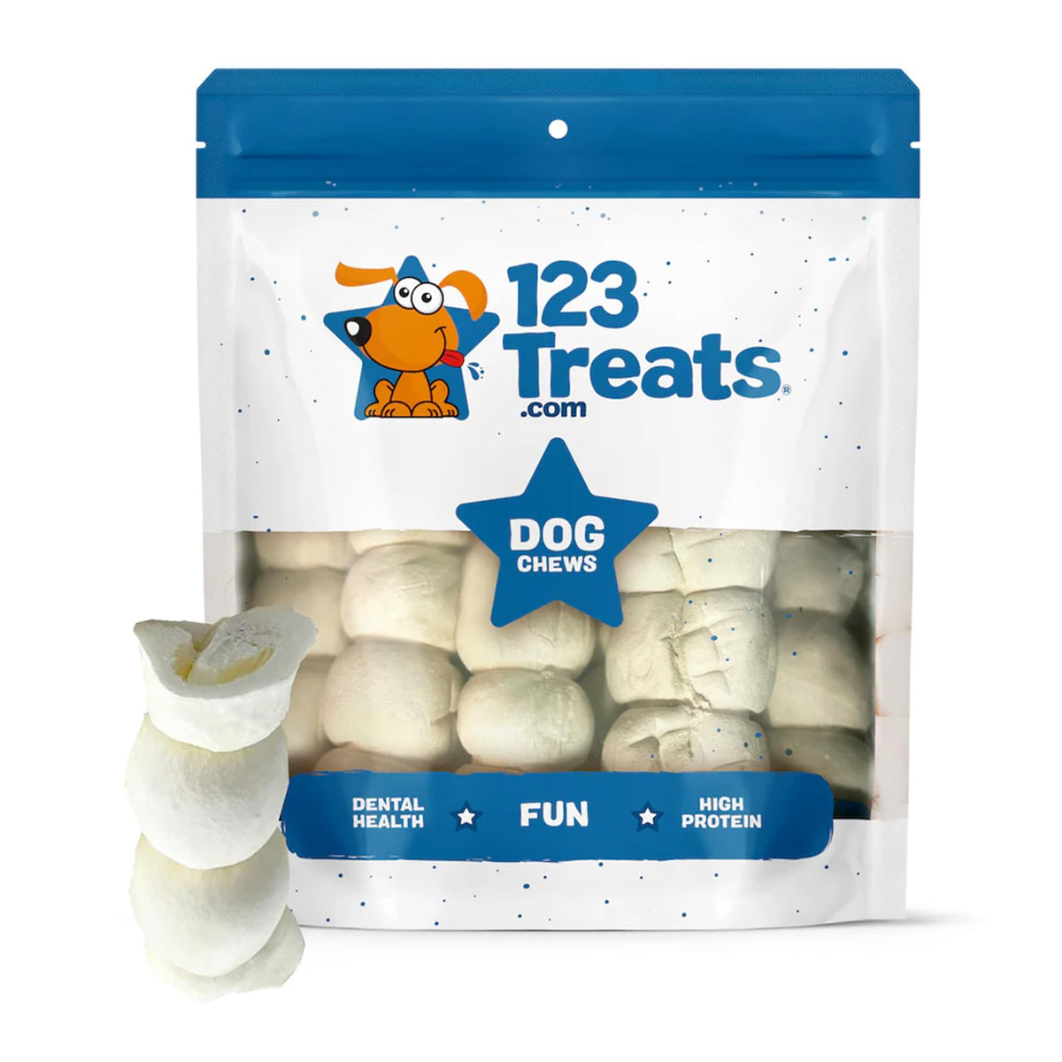 Rollos de mejilla de res gruesos de 123 Treats para masticación prolongada.