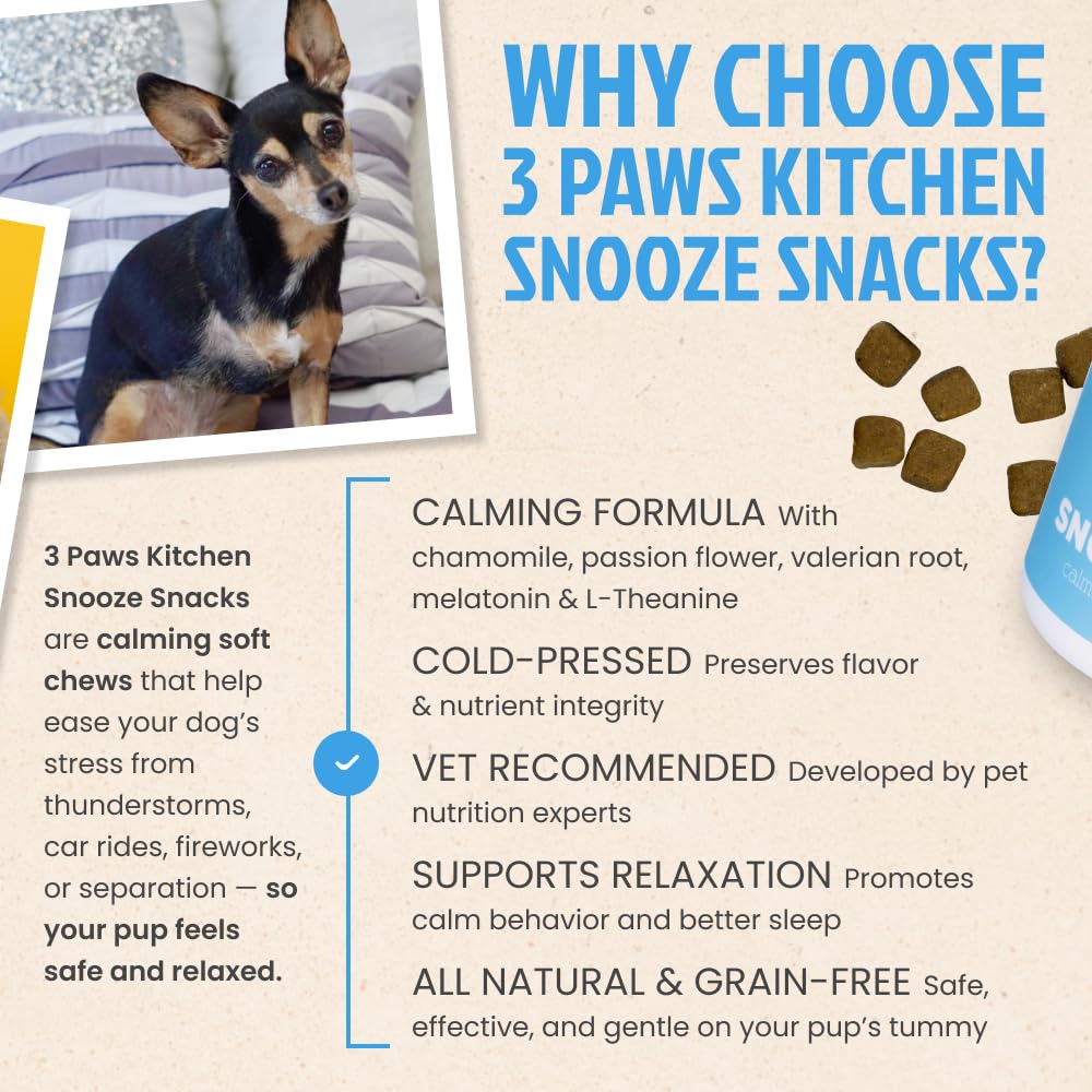 3 Paws Kitchen Snooze Snacks, etiqueta frontal, experiencia de relajación suave