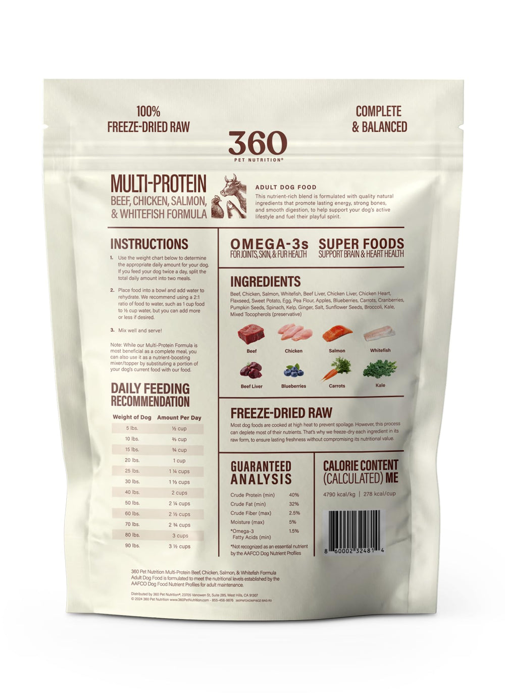 360 Pet Nutrition bolsa de 1 libra, liofilizado, fácil de almacenar
