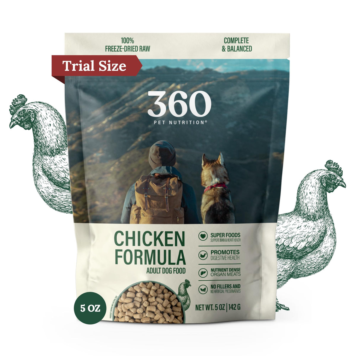 360 Pet Nutrition empaque del alimento crudo liofilizado para conservar sabor y nutrientes.