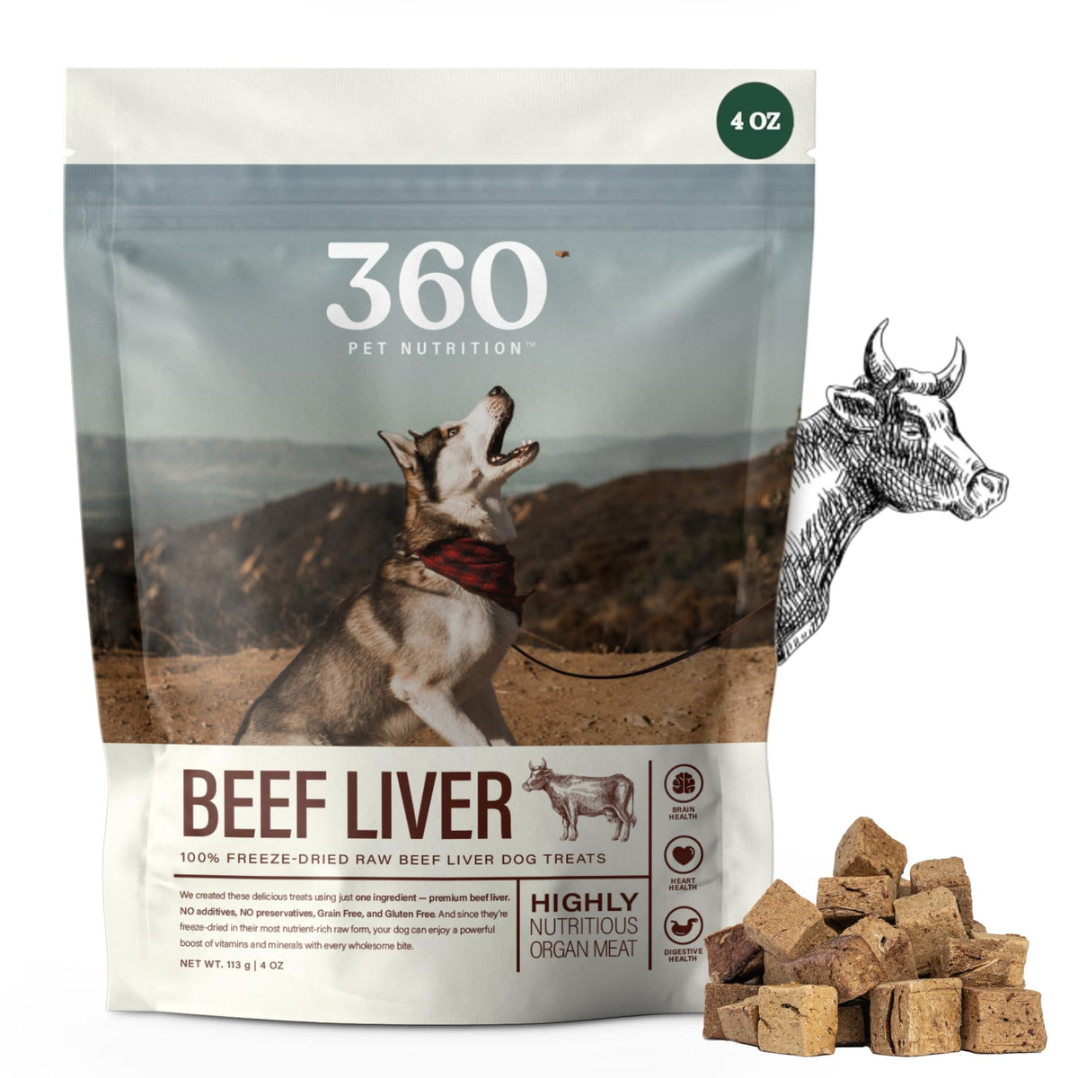 360 Pet Nutrition: frontal de hígado deshidratado, snack proteico para perros.