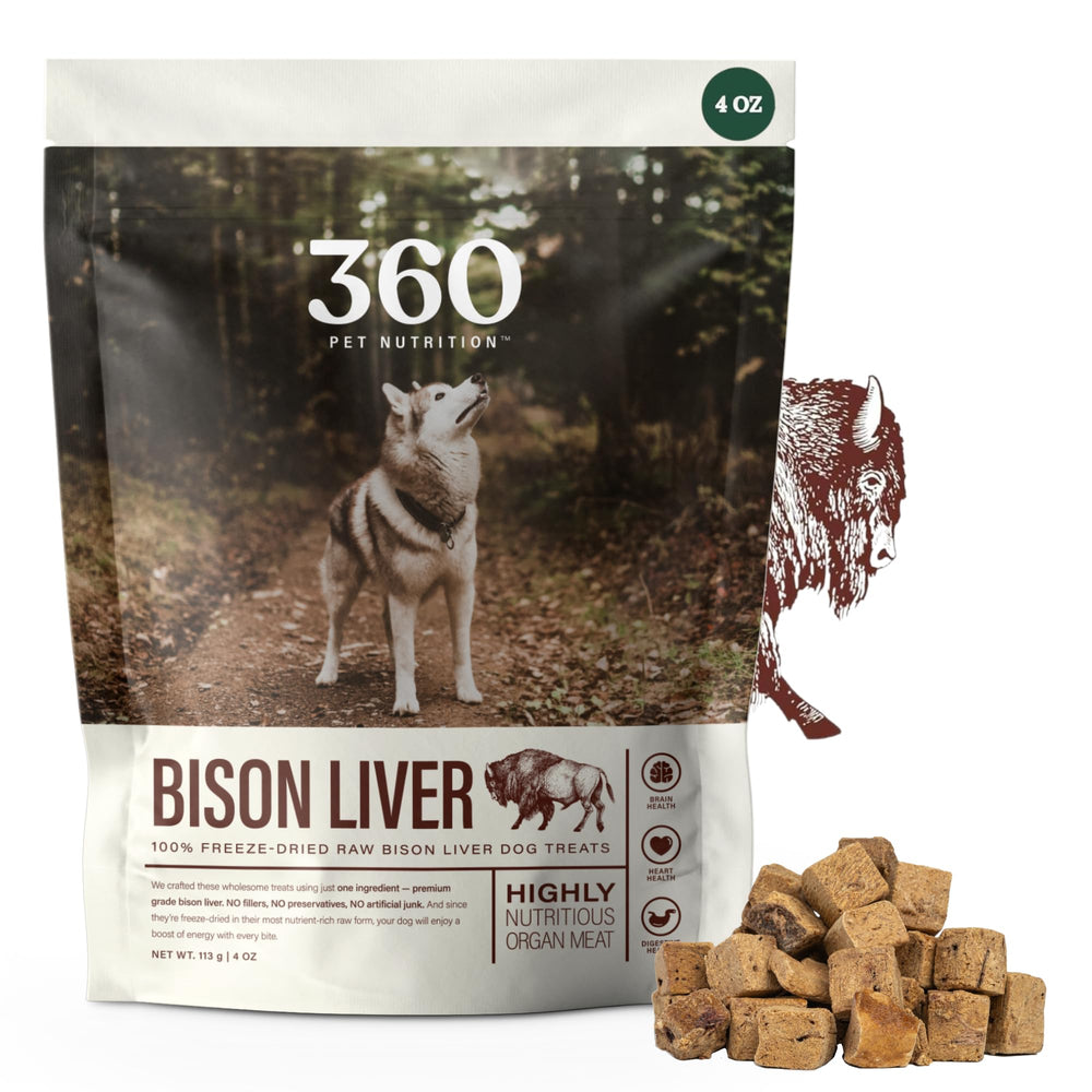 Hígado de bisonte liofilizado de 360 Pet Nutrition, snack proteico para entrenamiento diario.