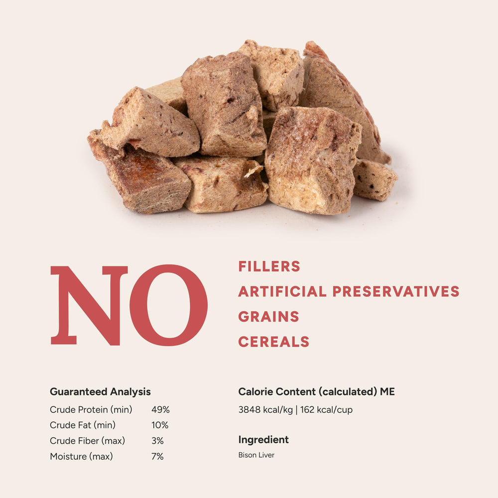Snack natural de hígado de bisonte de 360 Pet Nutrition, sin granos.