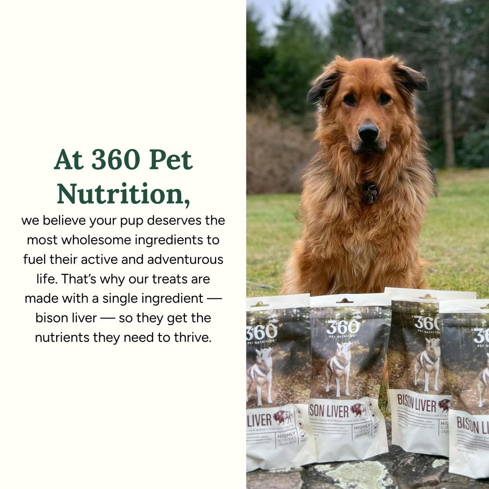 360 Pet Nutrition hígado de bisonte liofilizado, premio proteico para entrenamiento en casa.