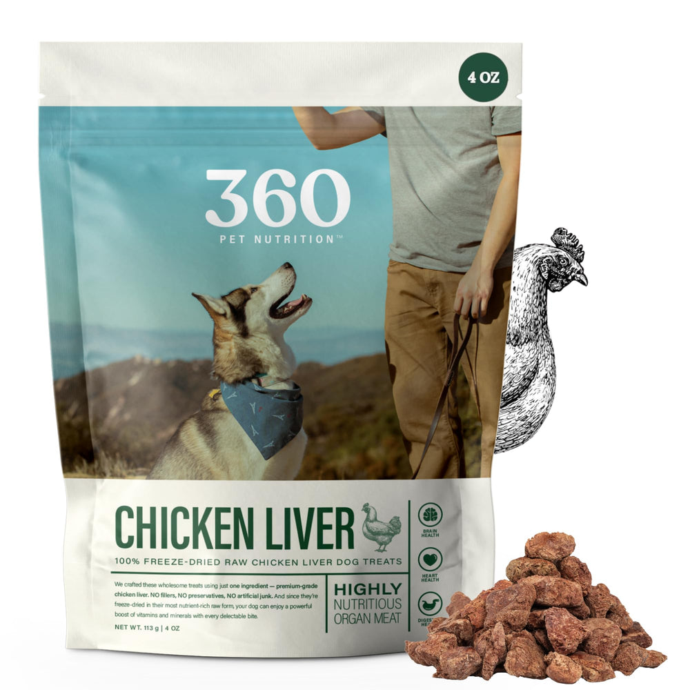 360 Pet Nutrition hígado de pollo liofilizado; snack proteico para perros.