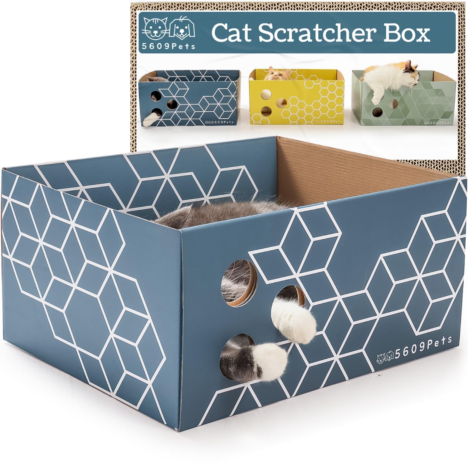 5609PETS caja rasguño para gato cartón grande ofrece espacio para estirarse y rascar.