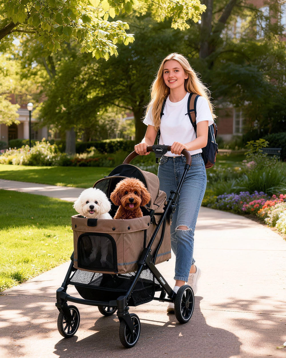 Carrito 797Audio para perros con almacenamiento amplio, cesta y bolsillos laterales.