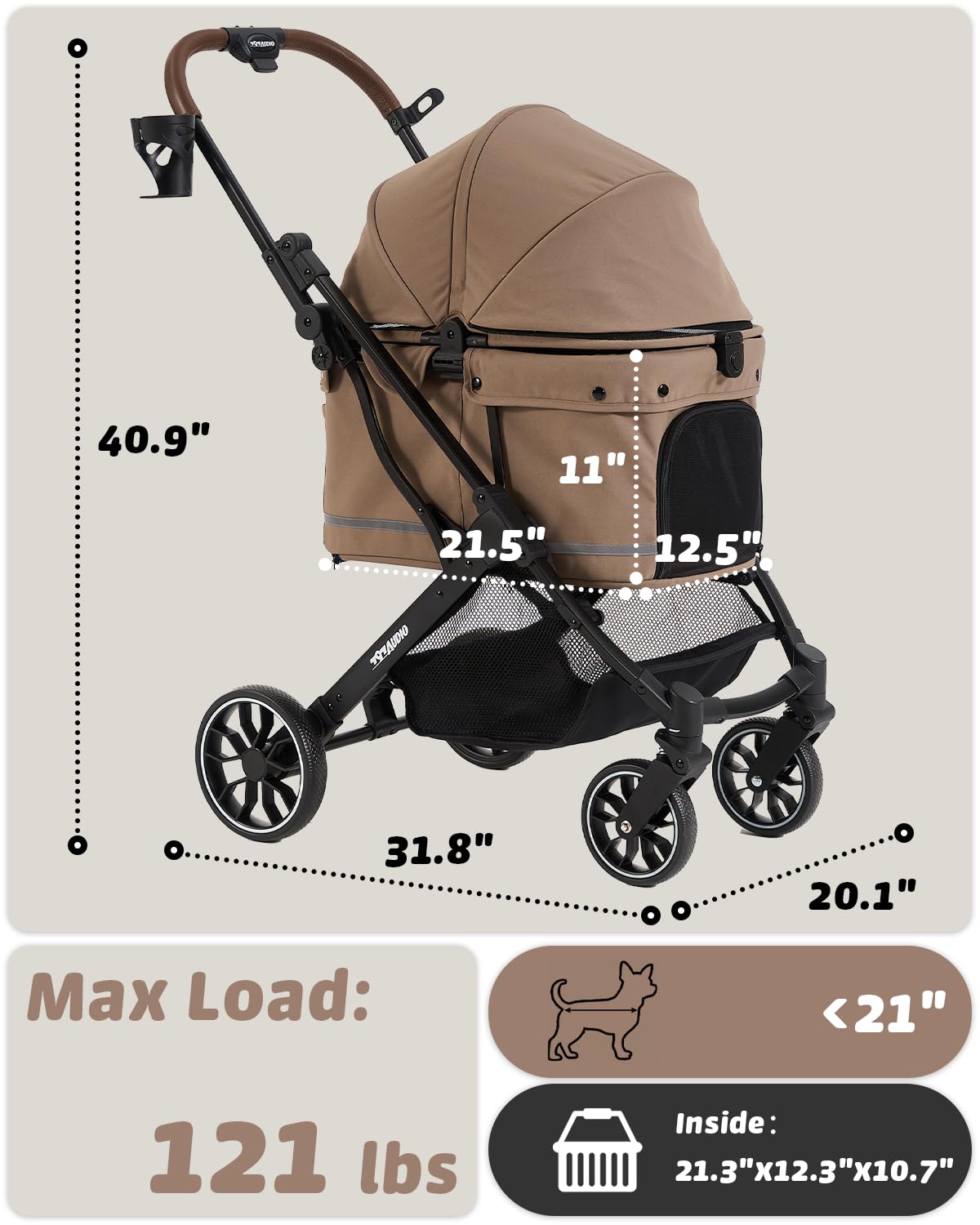 Carrito 797Audio para perros con ruedas de 8 pulgadas, suave sobre calles y parques.