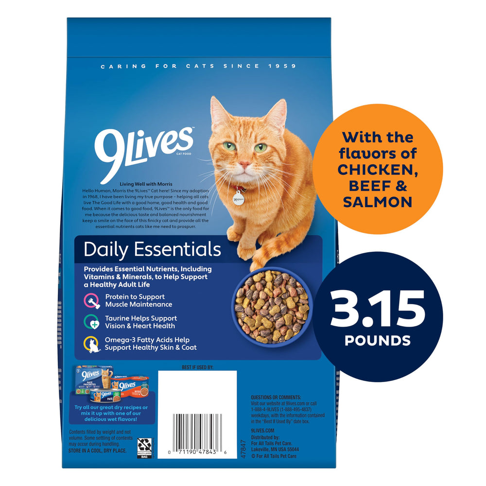 9Lives Daily Essentials omega-3 para pelaje brillante y piel sana.