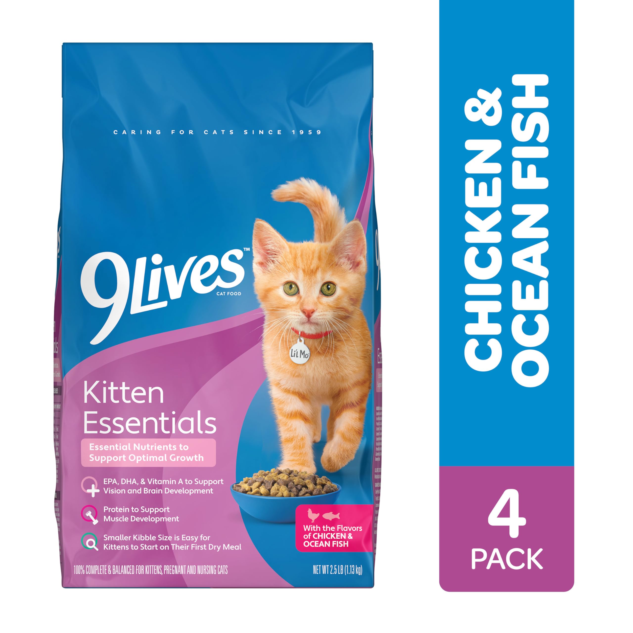 Gatito comiendo 9Lives Kitten Essentials, apoyo al desarrollo muscular.