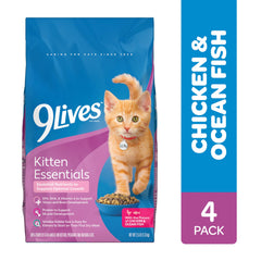 Gatito comiendo 9Lives Kitten Essentials, apoyo al desarrollo muscular.