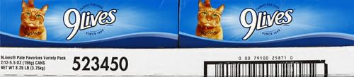 Etiqueta de 9Lives Paté Favorites en primer plano para reconocimiento de marca