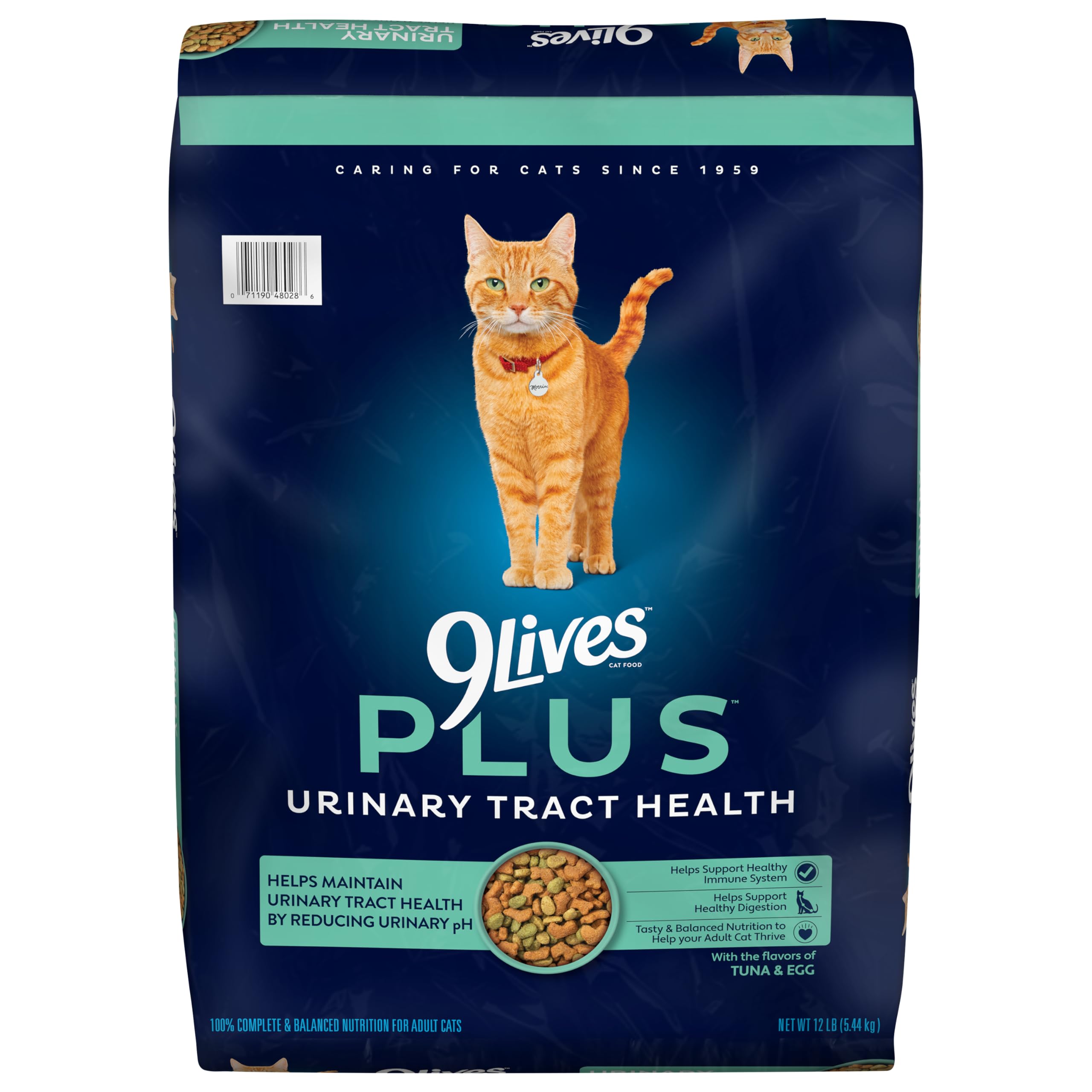 9Lives Plus alimento seco para gatos 12 libras con sabor a atún y huevo.