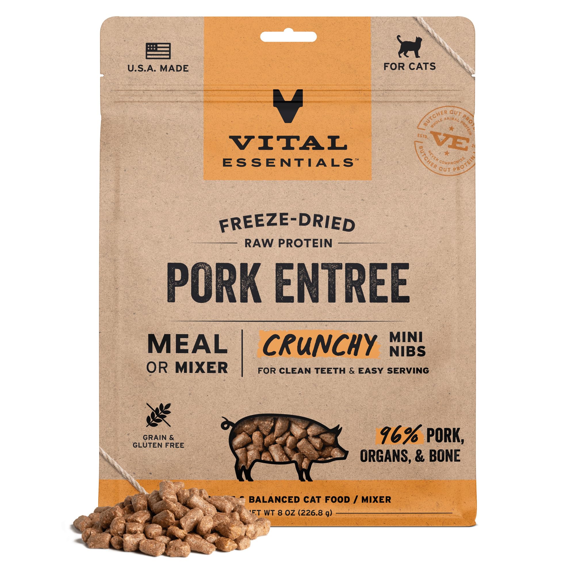 Vital Essentials mini-bocados de cerdo para gato, empaque atractivo y proteínico.