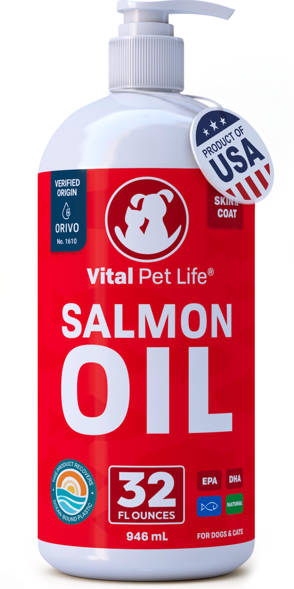 Vital Pet Life aceite de salmón para perros y gatos en bote, mejora brillo del pelaje.