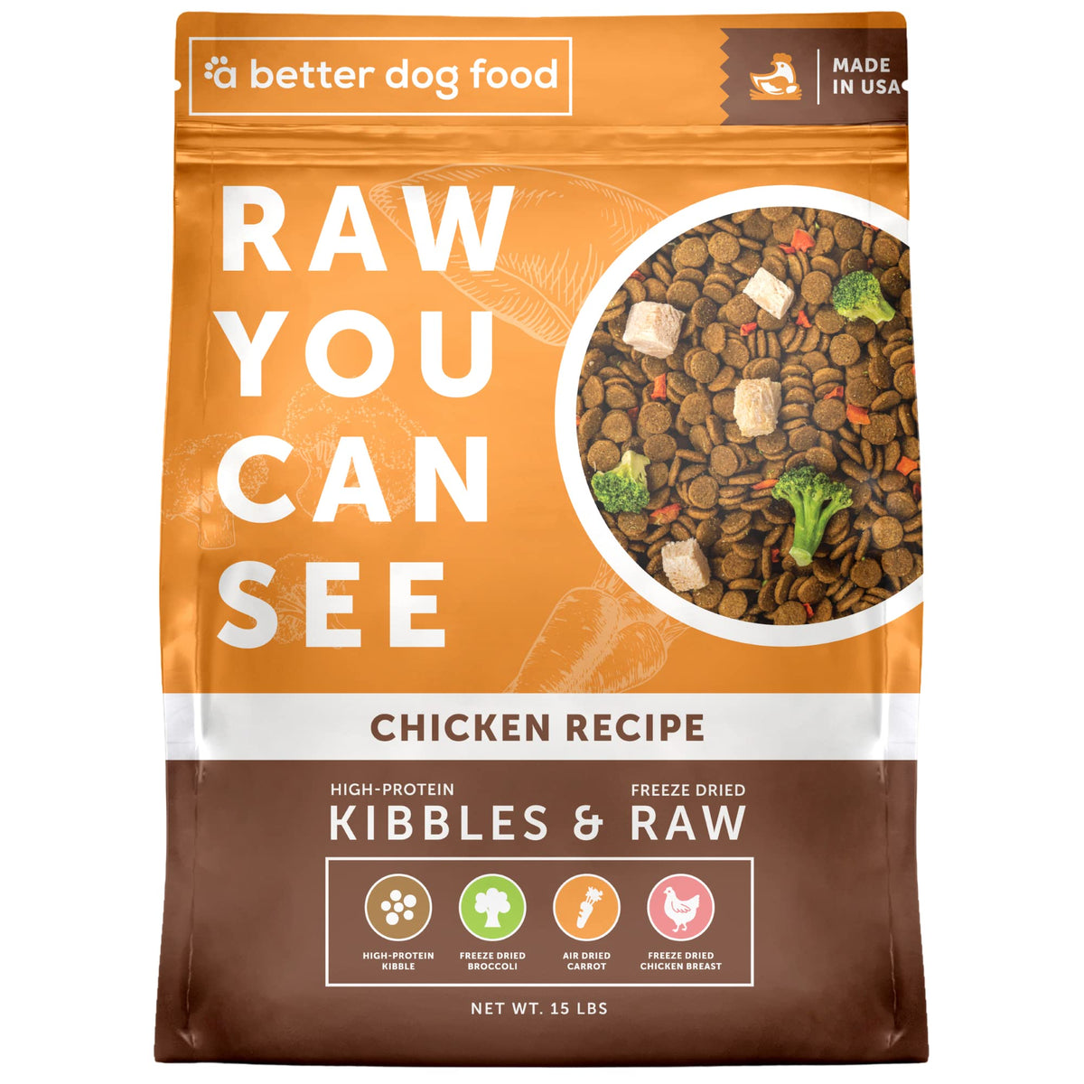 A Better Treat envase visible con pollo y verduras para perros