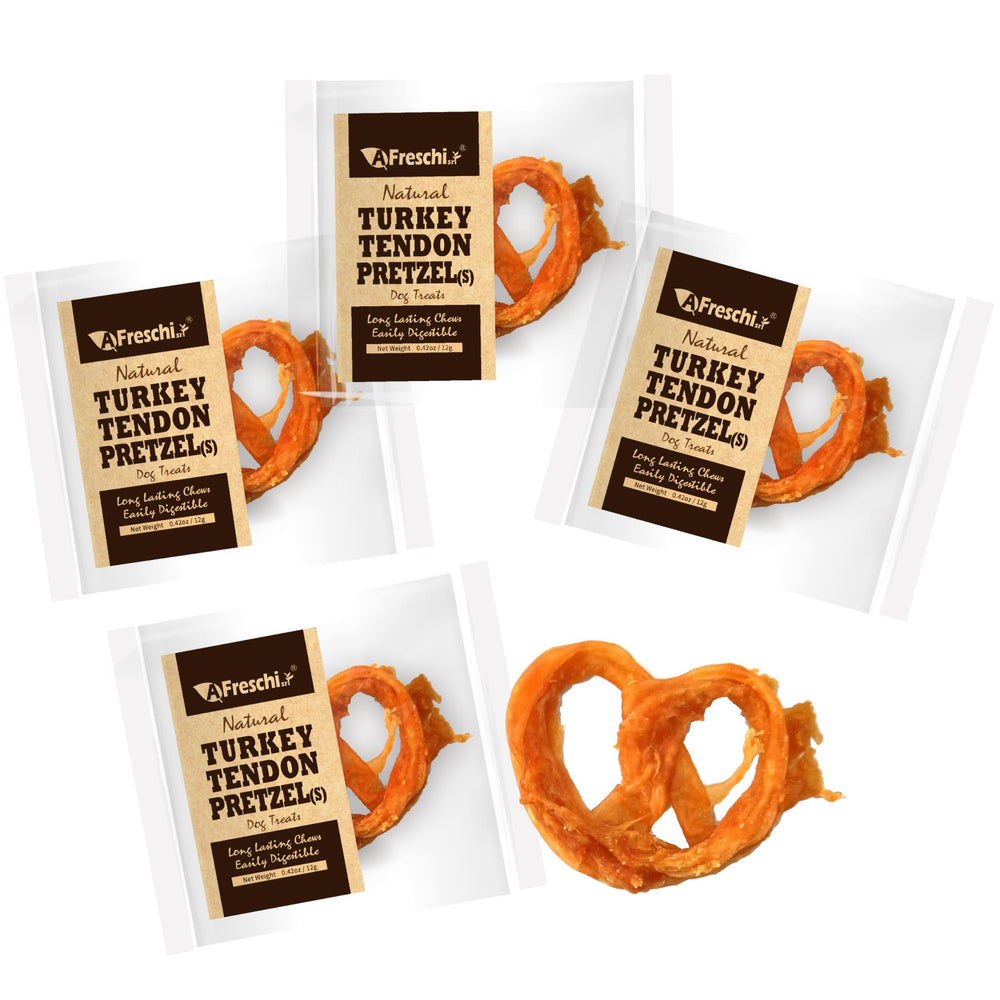 Tendones de pavo de A Freschi srl en envase, snack proteico para perros.