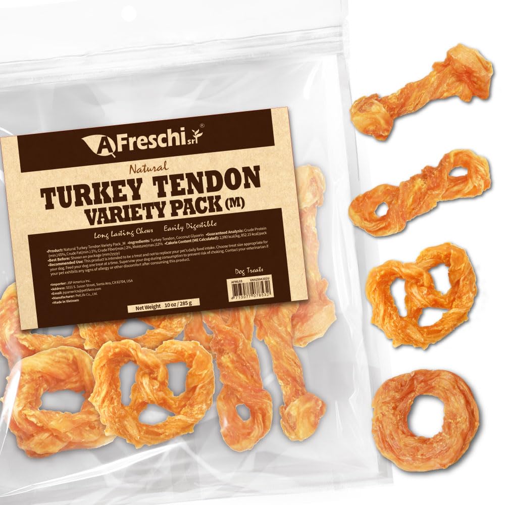 Tendones de pavo de A Freschi para perros, snack alto en proteína.