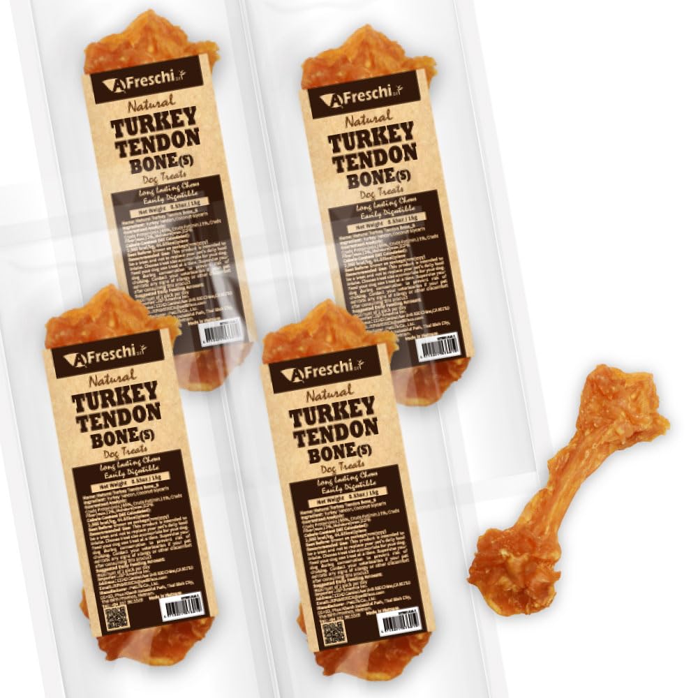 A Freschi srl turkey tendons pack shown as long-lasting natural treats for small dogs