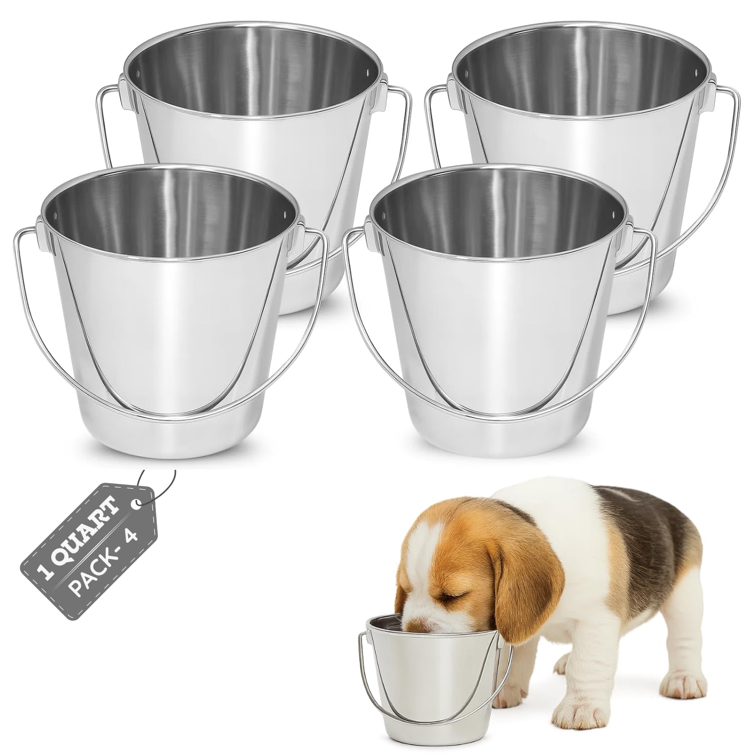 Balde de agua inoxidable AASPIRE PETS con asa, ideal para perros pequeños.
