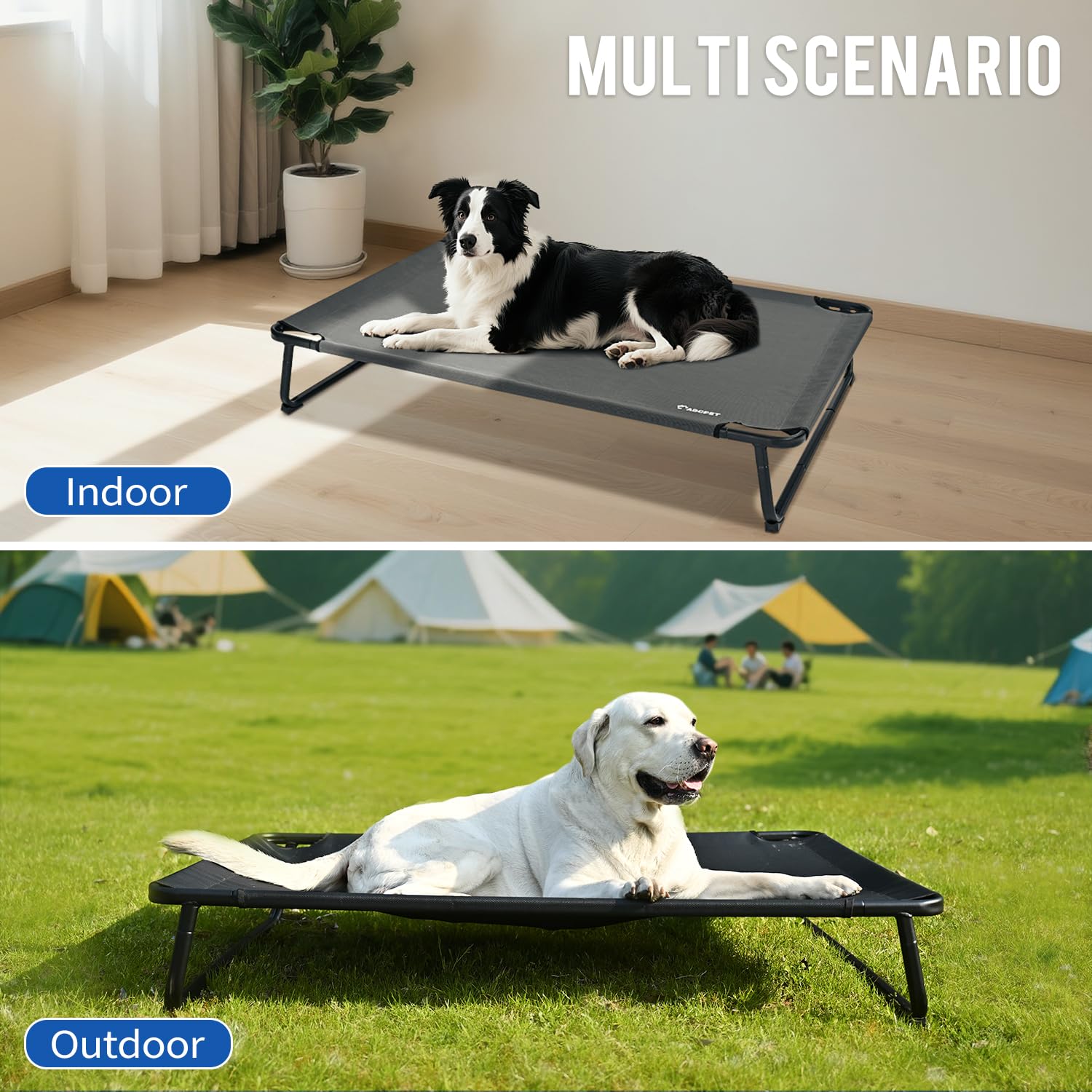 ABCPET Cama elevada apta para interiores, facilita limpieza con robot aspirador.