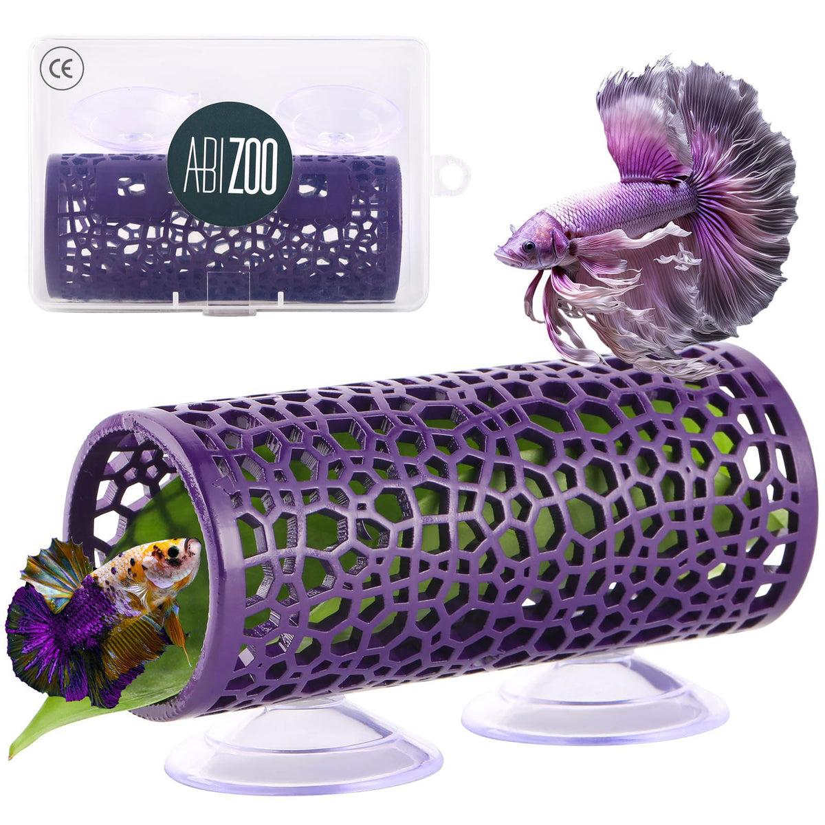 Abizoo Betta Cave: túnel morado con huecos, refugio seguro para bettas.