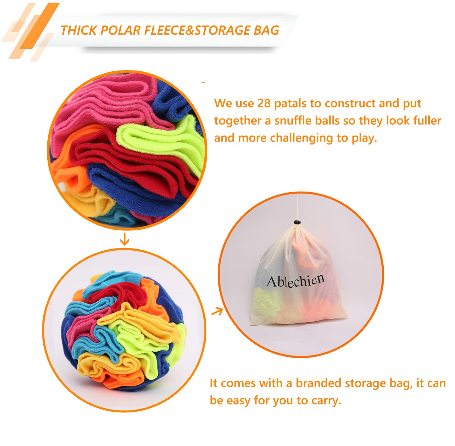 Ablechien Snuffle Ball utiliza fieltro polar suave para juego seguro y cómodo.
