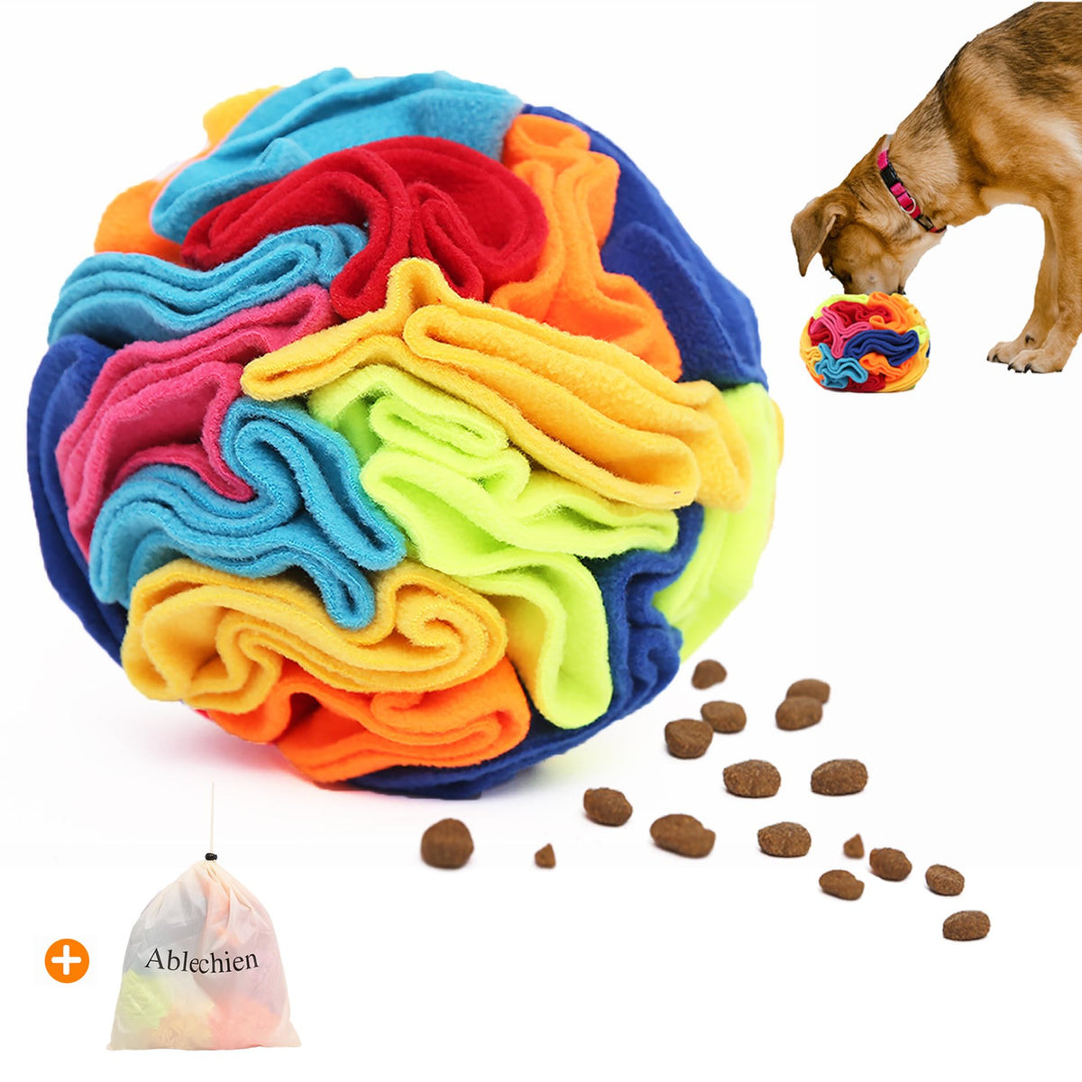 Bola de olfato Ablechien para perros, fomenta exploración y recompensa.