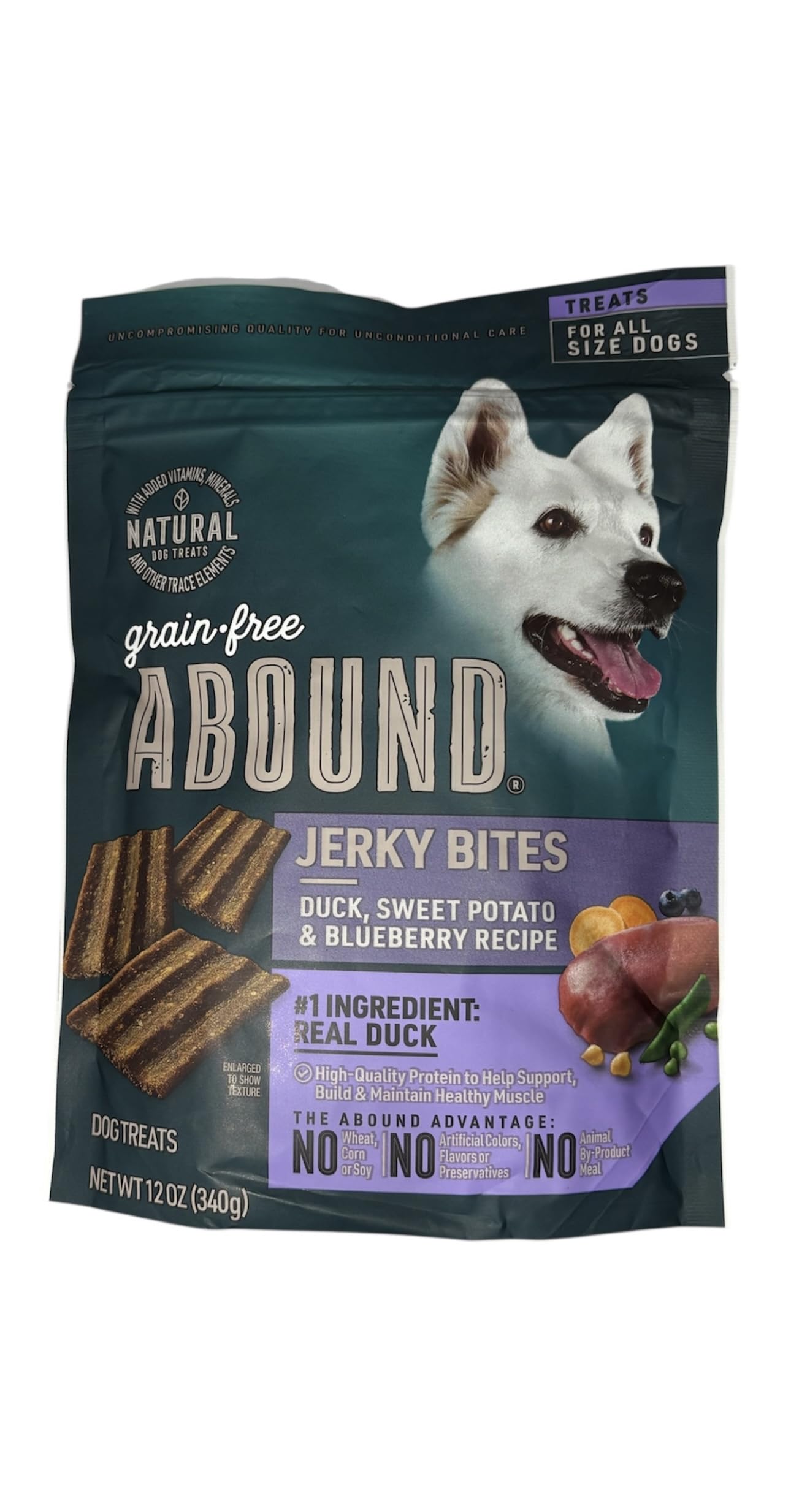 Abound Bocados de jerky de pato, snack natural para perros con proteína de alta calidad.