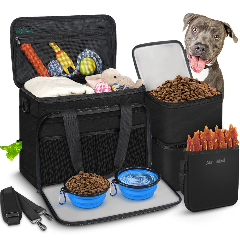 Abrimelodi set de viaje para perros con contenedores de comida para rutas ordenadas.