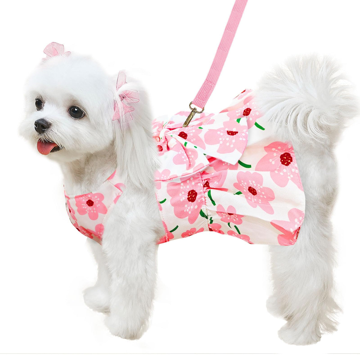 ABRRLO Vestido para perro pequeño con estampado floral rosa, cómodo para paseos y fotos.
