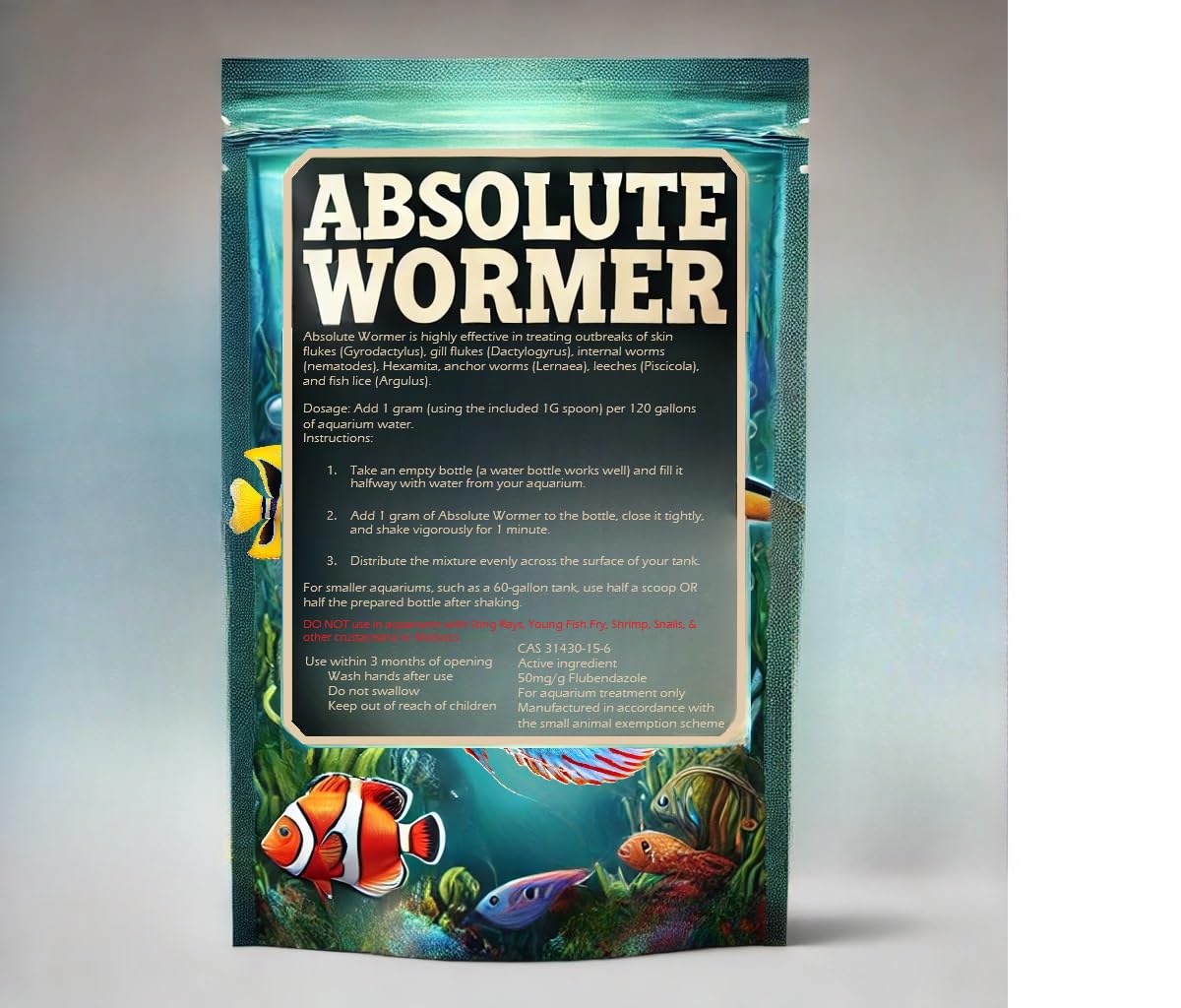 Composición de Absolute Wormer con Flubendazol y carbonato de calcio para ajuste de pH