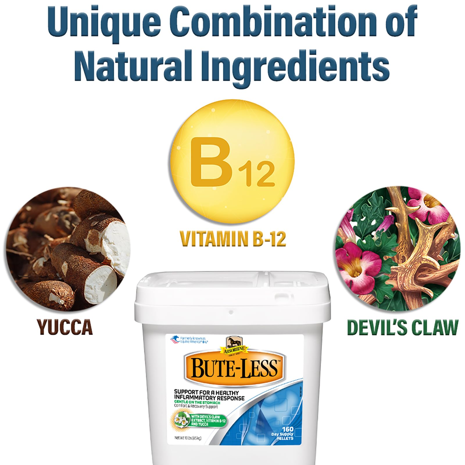 Absorbine Bute-Less ingredientes clave Devil’s Claw y Yucca para estómago suave.