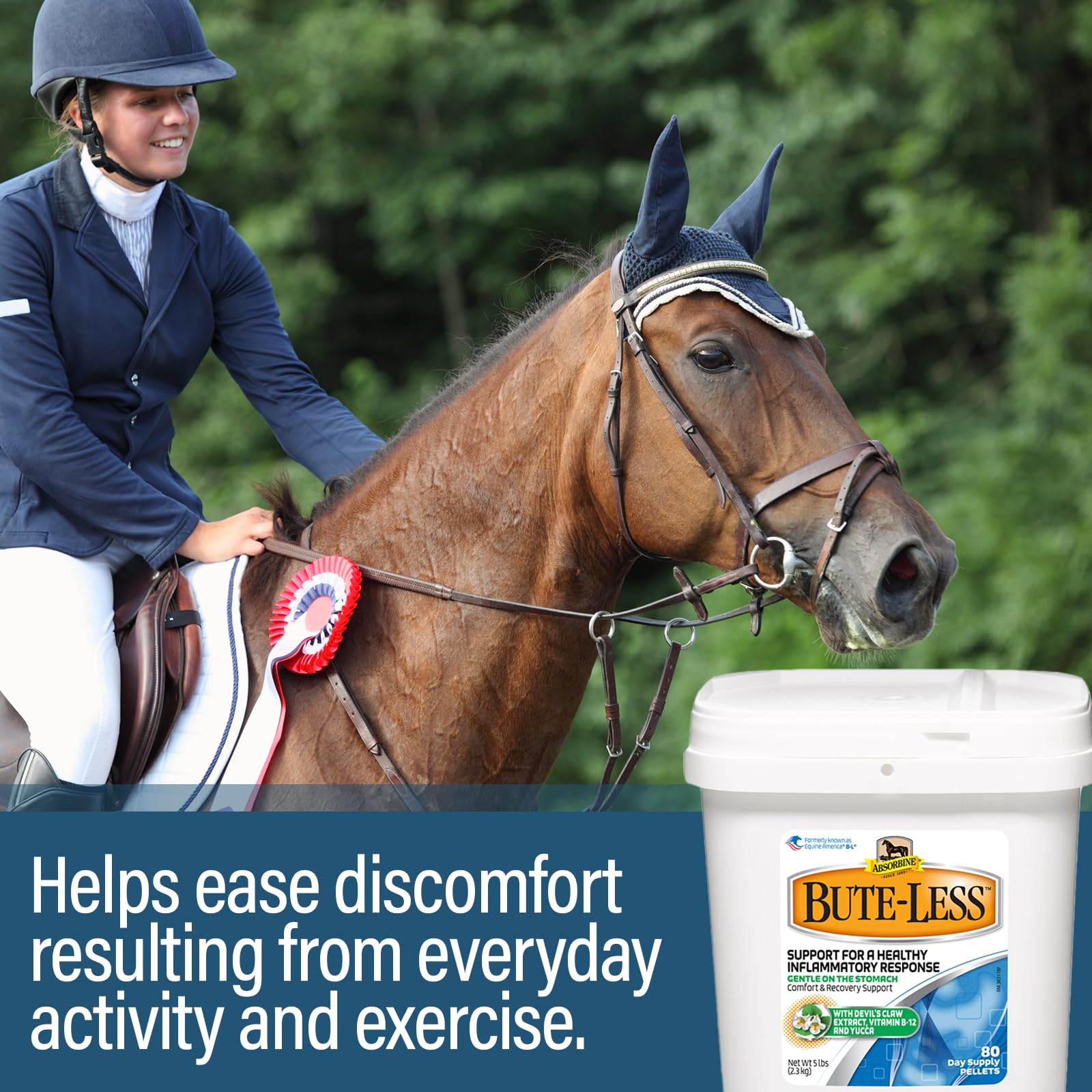 Absorbine Bute-Less pellets manos sosteniendo: uso diario para apoyo a la recuperación.