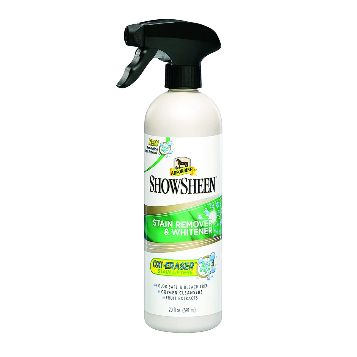 Absorbine ShowSheen, botella de 20 oz, lista para manchas y uso suave.