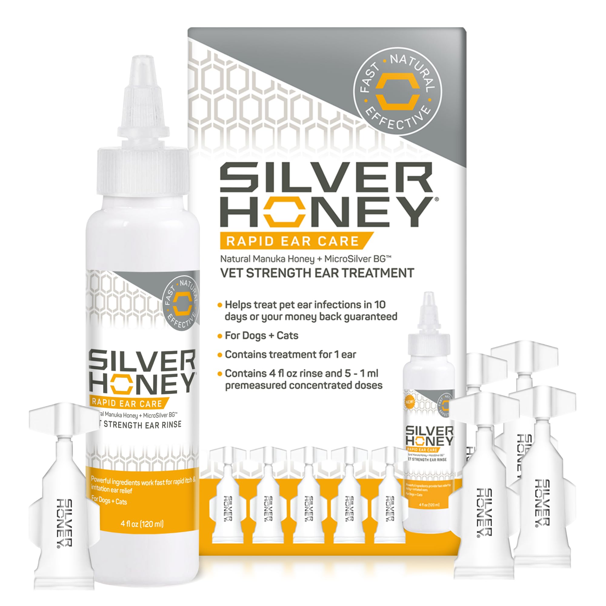 Absorbine Silver Honey limpiador de oídos en botella para perros y gatos, uso recomendado.
