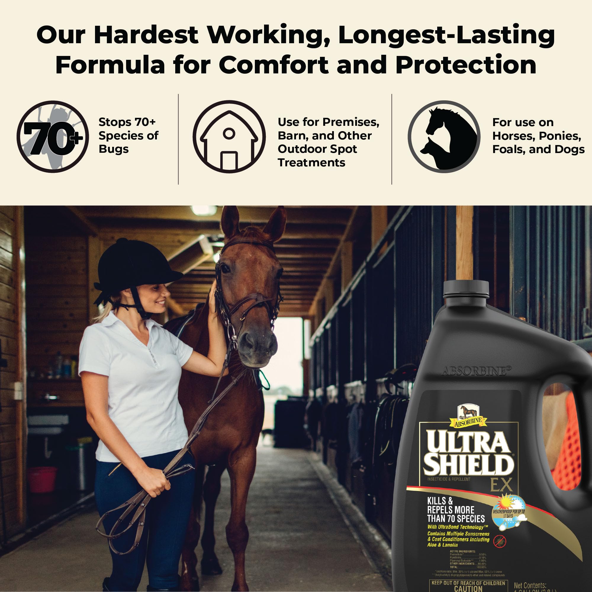 Absorbine UltraShield EX aplicado sobre el caballo para protección duradera.