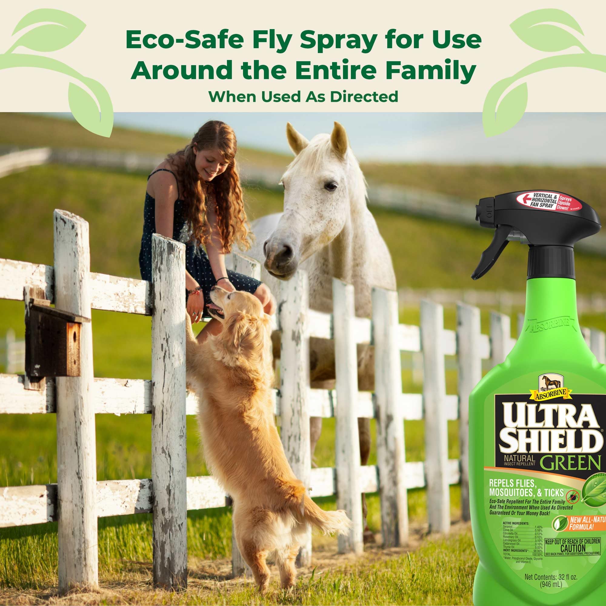 Absorbine UltraShield Green, aroma fresco de plantas para uso diario suave.
