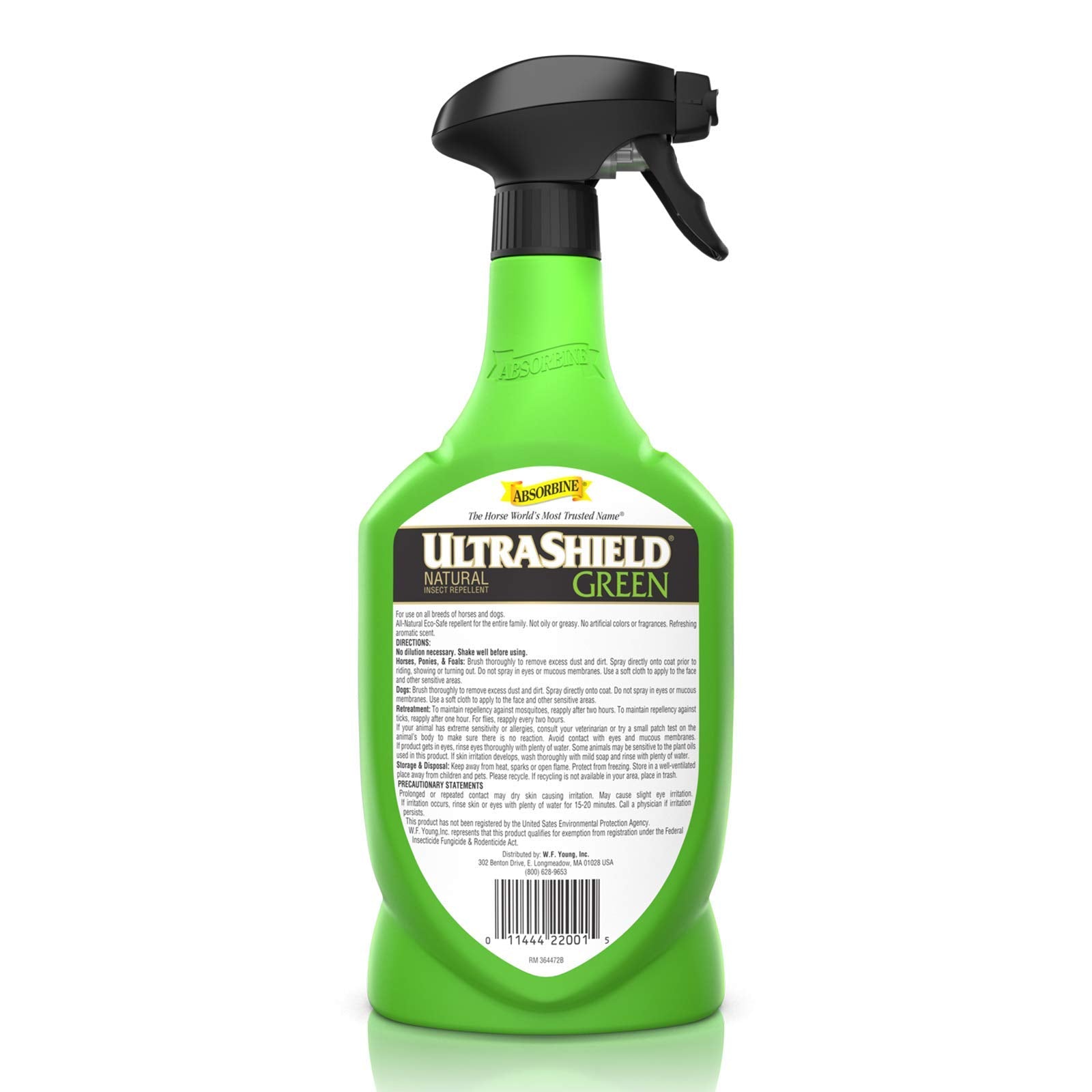 Absorbine UltraShield Green, uso diario para caballos y perros durante la rutina.