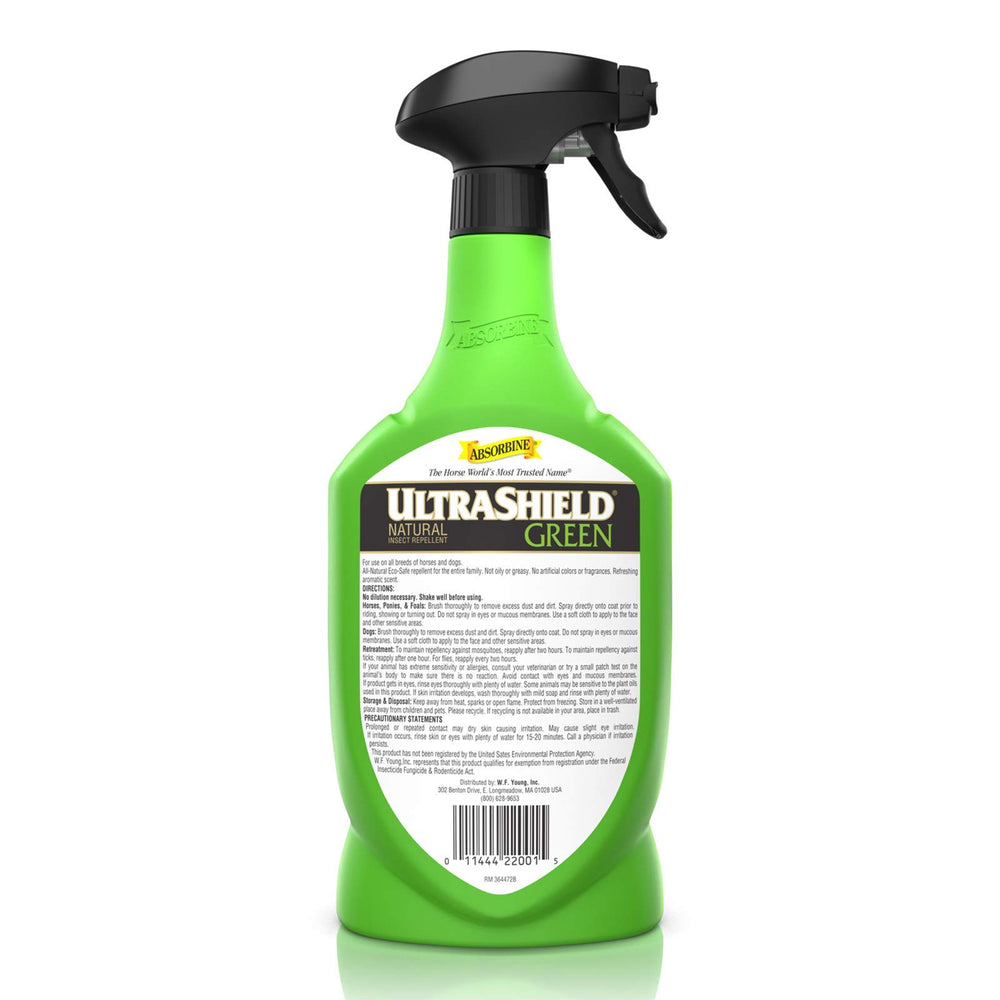 Absorbine UltraShield Green, uso diario para caballos y perros durante la rutina.