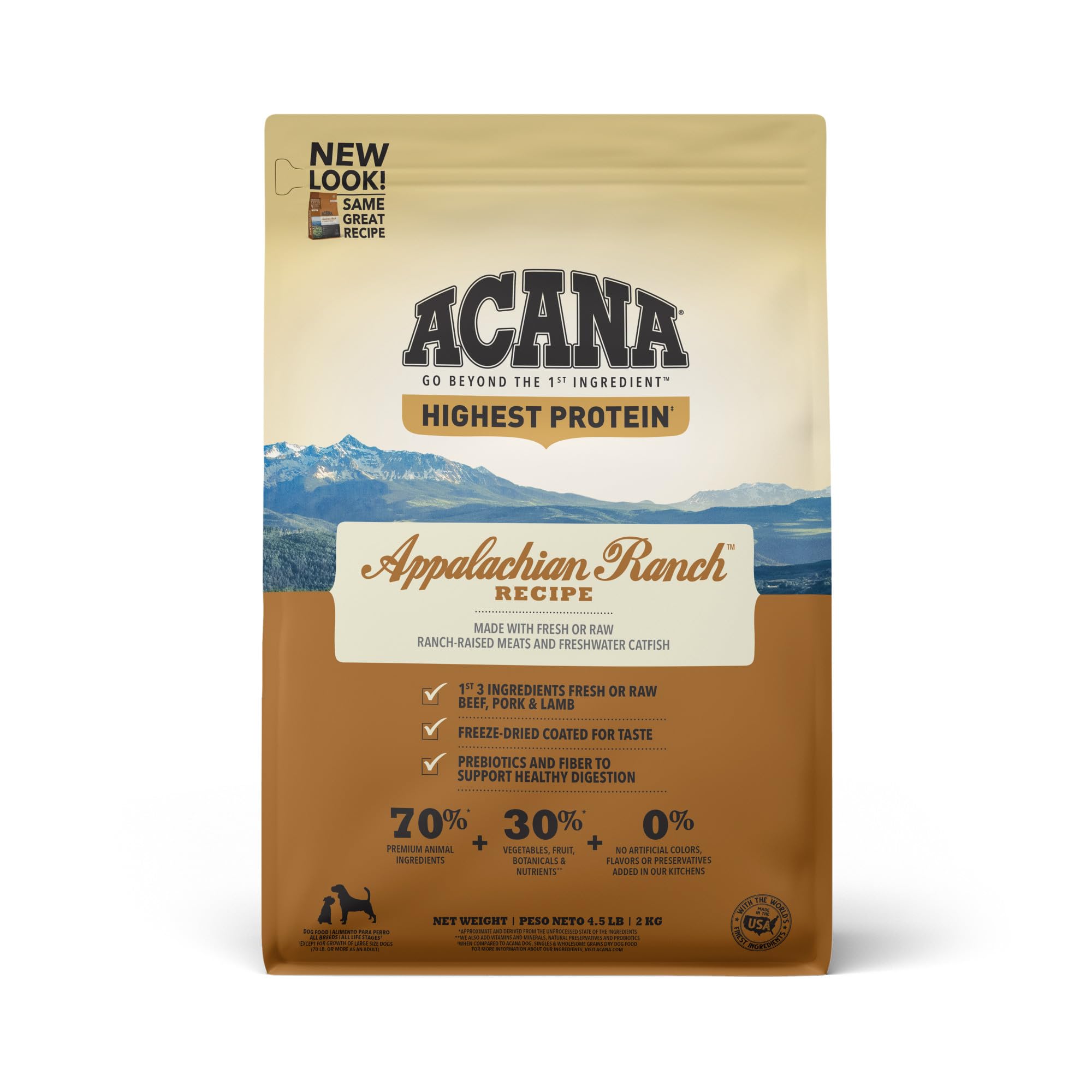 ACANA Appalachian Ranch, bolsa de 4,5 libras, opción proteica para perros activos.